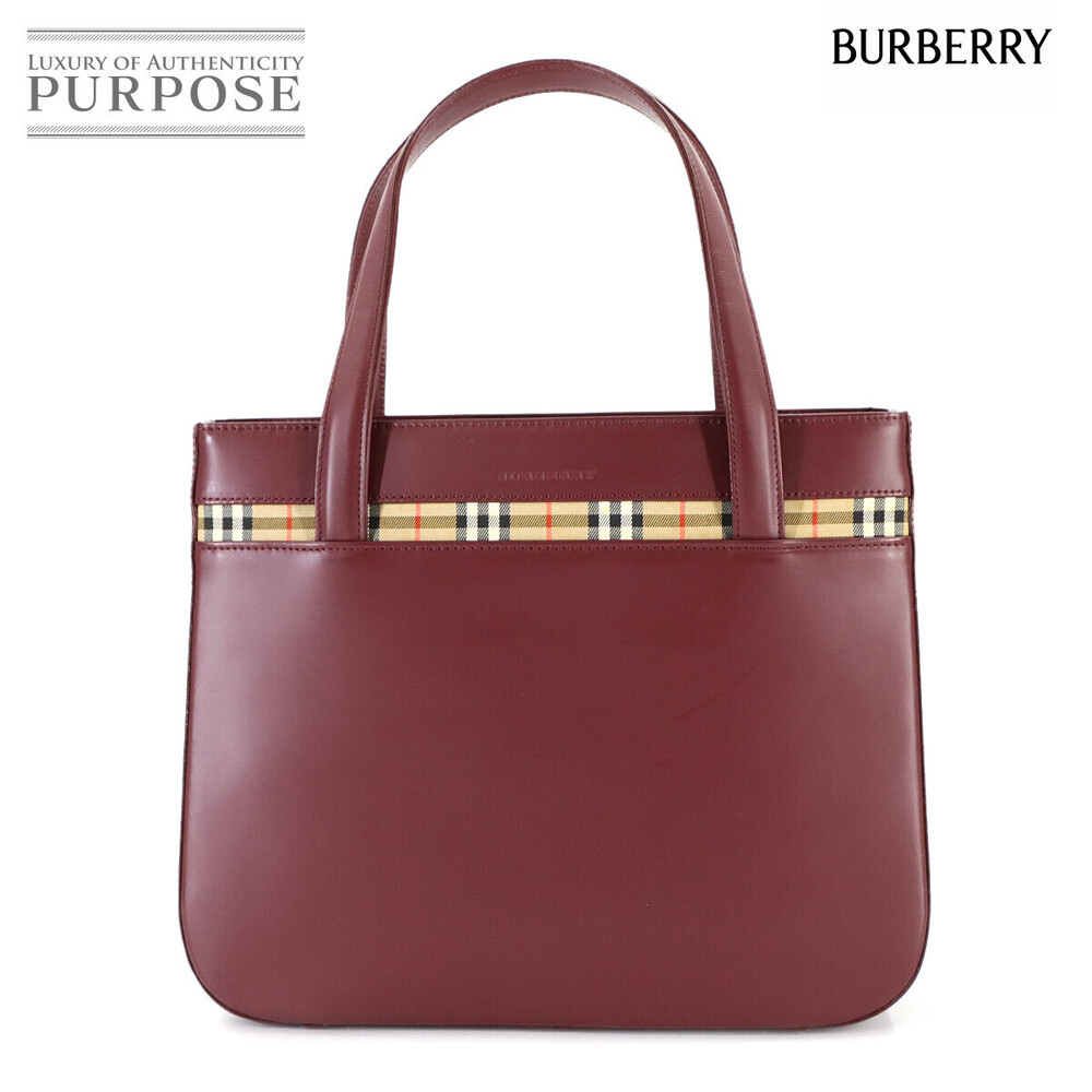 Burberry Haymarket Check Handbag Leather Canvas Bordeaux Red